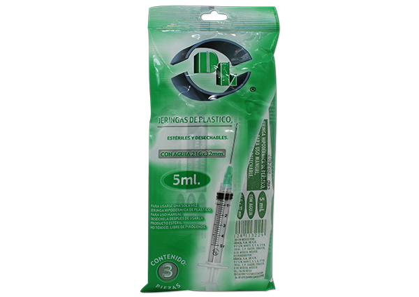jeringa desechable verde 5ml 3pzas 21x32