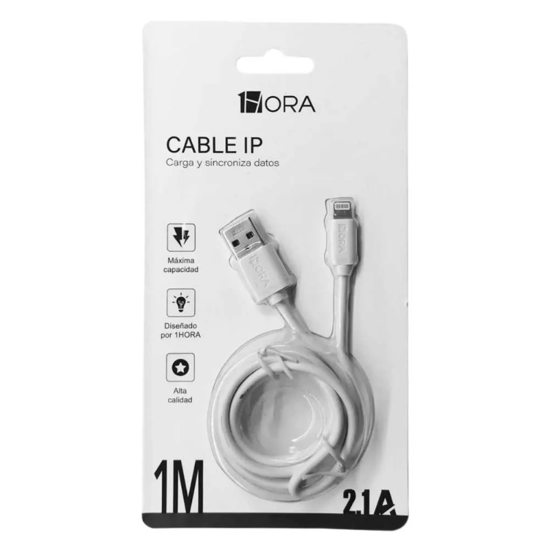 Cable usb a lightning para iphone 2.1a de 1 m blanco 1 hora cab179