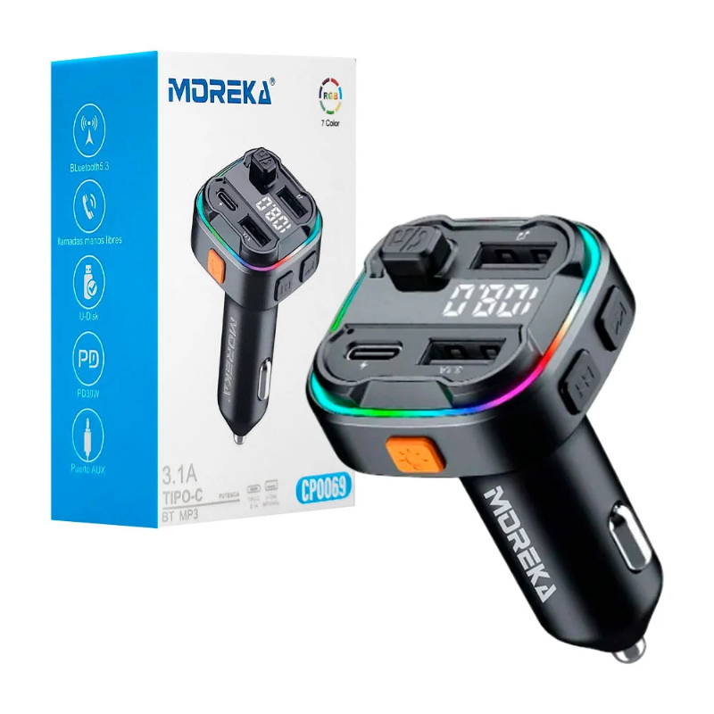 transmisor bluetooth plug in moreka cp0069 5.3 fm rgb