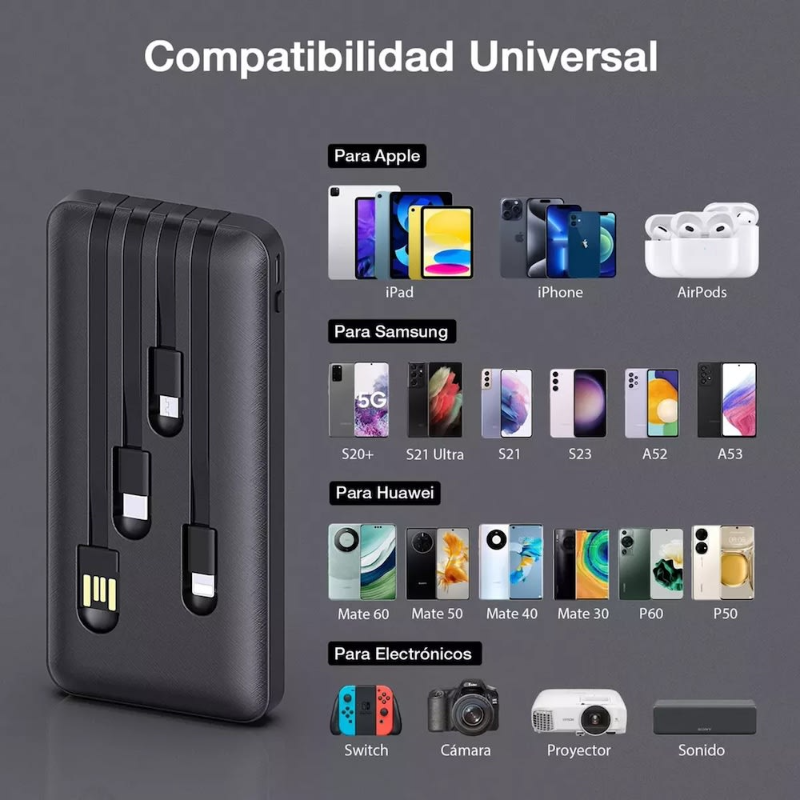 Power Bank Moreka K050 10000 cables C USB AM Lightning y Micro USB