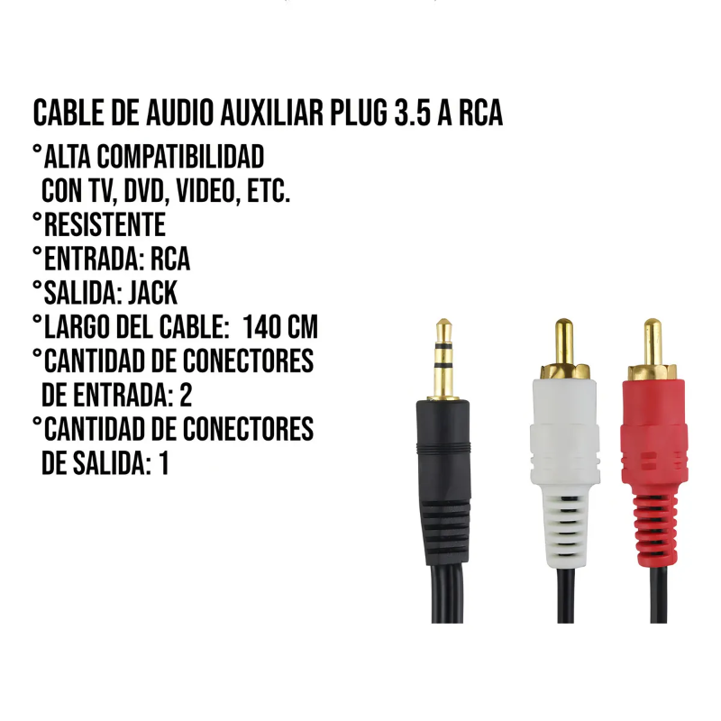 Cable de audio auxiliar plug 3.5 a rca 1.80 metros 11-1004