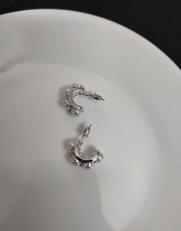 Silver Half Pearl Hoops