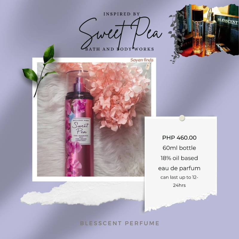 60 ml (18% oil based)
last up to 24hrs

Sweet Pea
Bath and Body Works