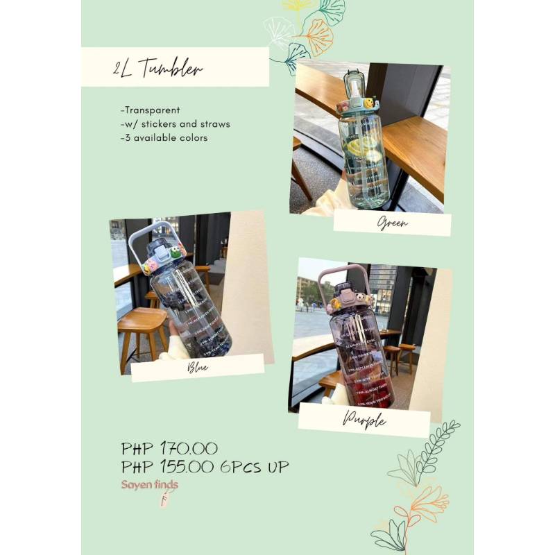 2L Tumbler (Transparent, w/ stickers & straw, 3 available colors)