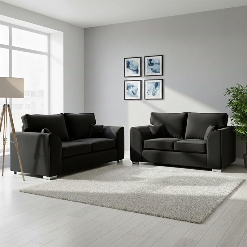 Plush Velvet 3+2 Settee Sofa Sets - Dylann 2 Seater & 3 Seater - Black, High Back - Modern Seaters Suite
