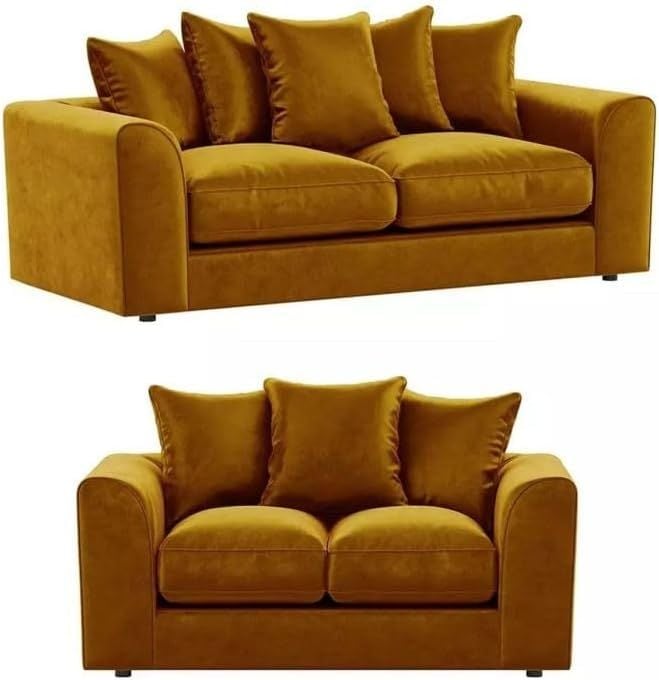Plush Velvet 3 + 2 Seater Sofa Suite Set Mustard Scatter Cushions Modern Design