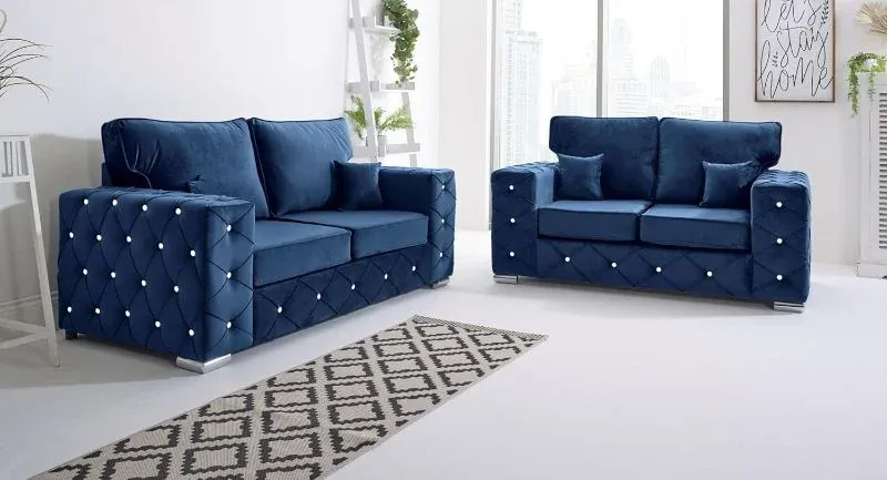 Milton Corner Chesterfield 3+2 Seater Sofa Set High Back Design Blue