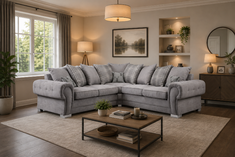 Chesterfield Verona Grey Corner Sofa Suite Scatter Cushions Grey Sofa