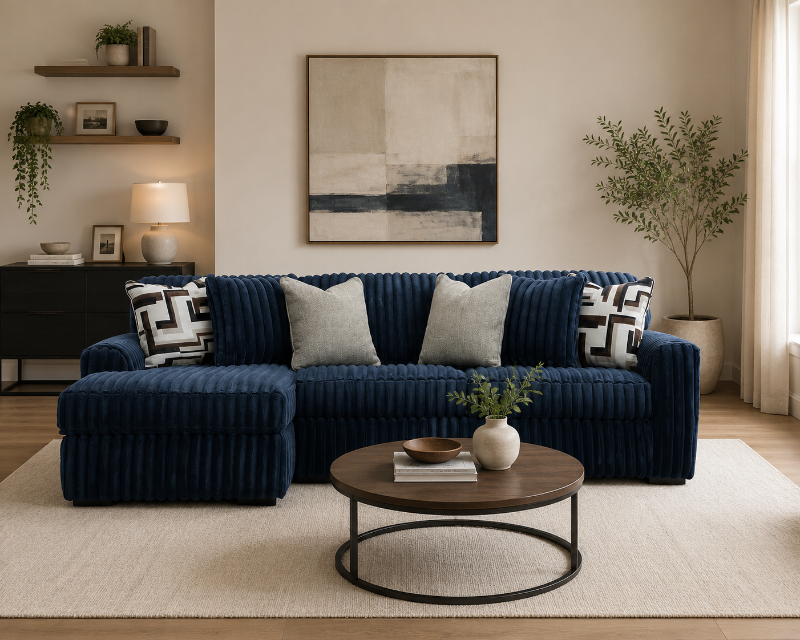 Midnight Madness Stupendous L-Shape Open Chaise Sofa Blue Modern Corner Lounge Couch