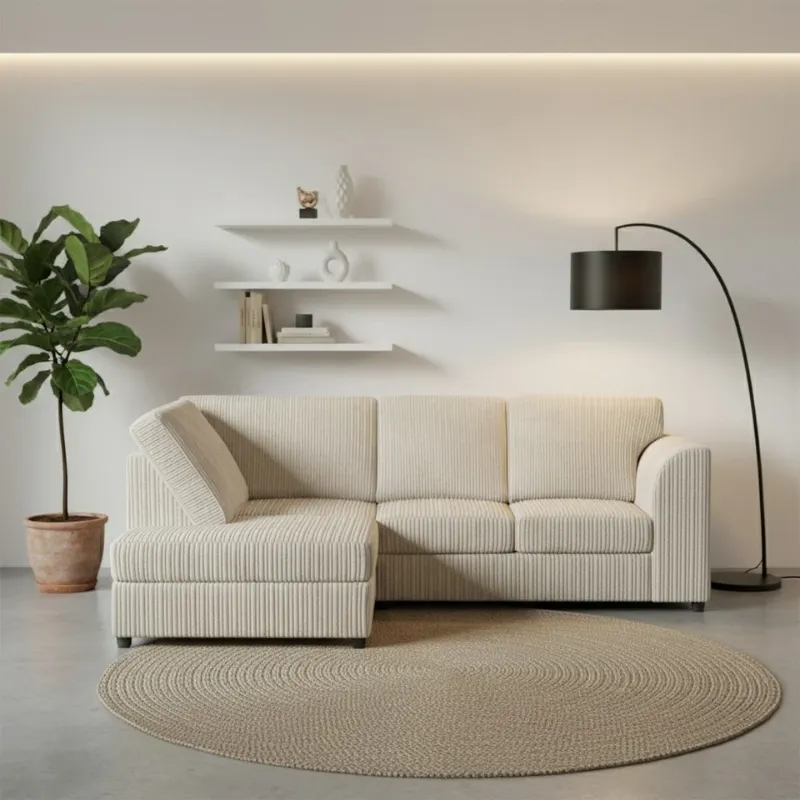 Corner 4 Seater Left Right Modern Jumbo Cord Full Back L shape Sofa Cream