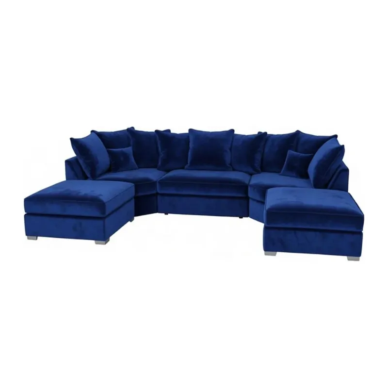 Modern U Shaped Sofa Large Blue Plush Velvet 7 Seater Corner Couch