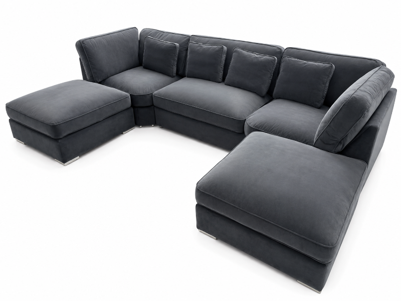 Bishop U Shape Modular Sofa – 6 & 7 Seater Plush Velvet Corner Couch Dark Grey Luxury Modern Living Room Sofa