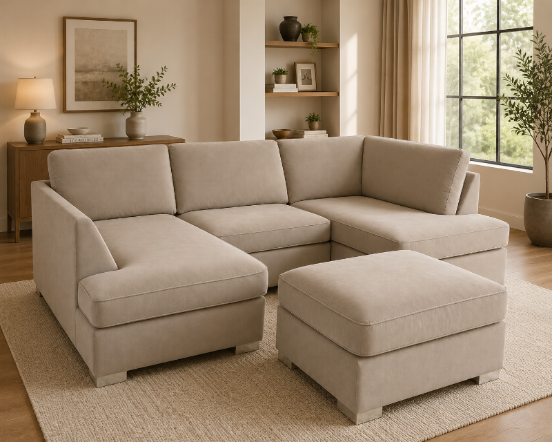Mini U-Shape Cinema Beige High-Back Modular 5–6 Seater Sofa