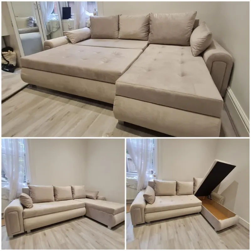 Berlin Corner Sofa & Sofa Bed – Plush Velvet Convertible Couch in Beige