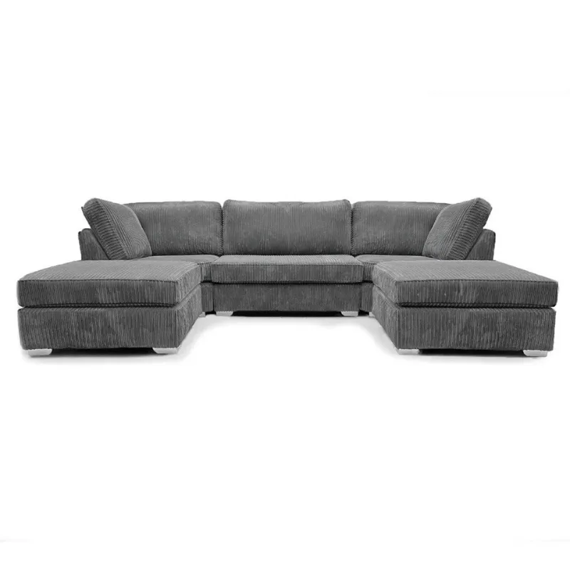 Modern U Shape Sofa – Jumbo Cord Corner Full Back Couch Foot Stool Large Suite Grey