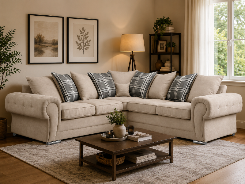 Chesterfield Verona Grey Corner Sofa Suite Scatter Cushions Beige Sofa