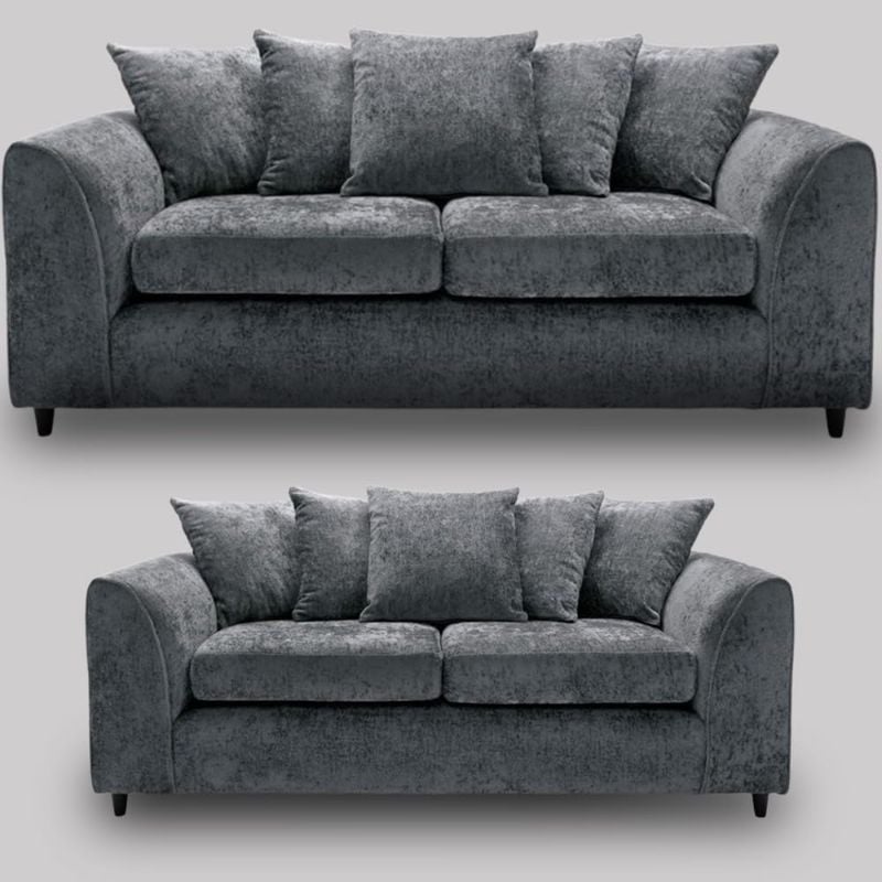 Chenille 3+2 Seater Sofa Set Dark Grey Scatter Back Cushions | Modern Fabric Sofa Suite