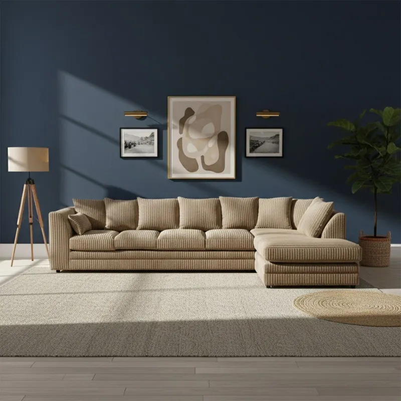 Jumbo Cord Sectional L shape 6 Seater Sofa Set Soft Fabric Beige Sofa