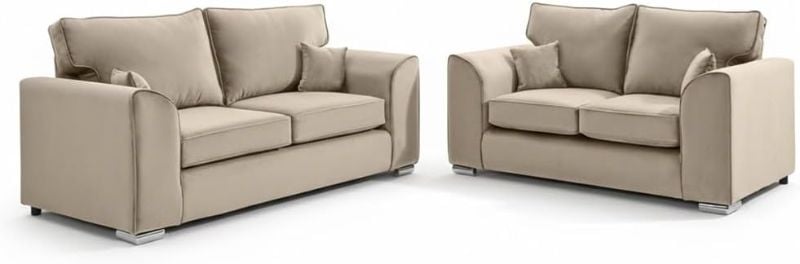 Plush Velvet 3+2 Settee Sofa Sets - Dylann 2 Seater & 3 Seater - Beige, High Back - Modern Seaters Suite