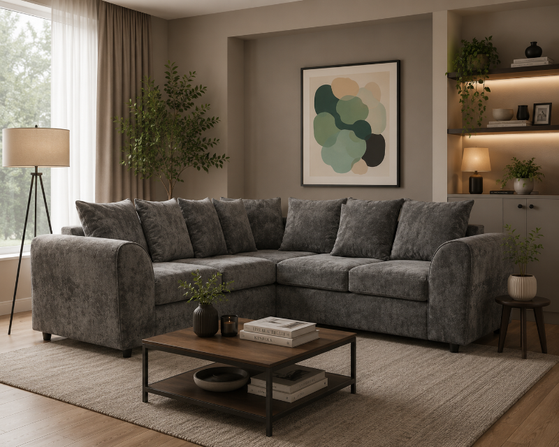 Alaska Light Grey Corner Settee – 5 Seater Fabric Sofa – Dual Arm 2C2 Modular Scatter Back Couch – Soft Upholstered Sectional Sofa Suite for Living Room