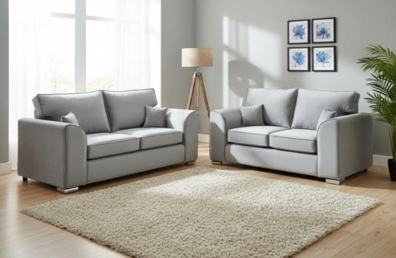 Plush Velvet 3+2 Settee Sofa Sets - Dylann 2 Seater & 3 Seater - Silver, High Back - Modern Seaters Suite