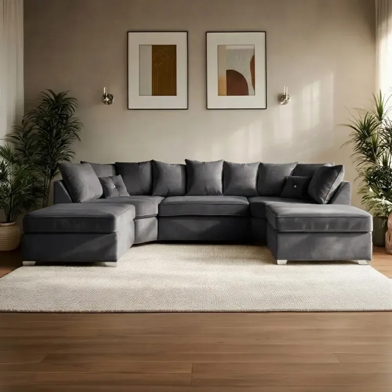Bishop U-shape Corner 6,7 Seater Sofa Grey Plush Velvet Couch Moveable Footstool