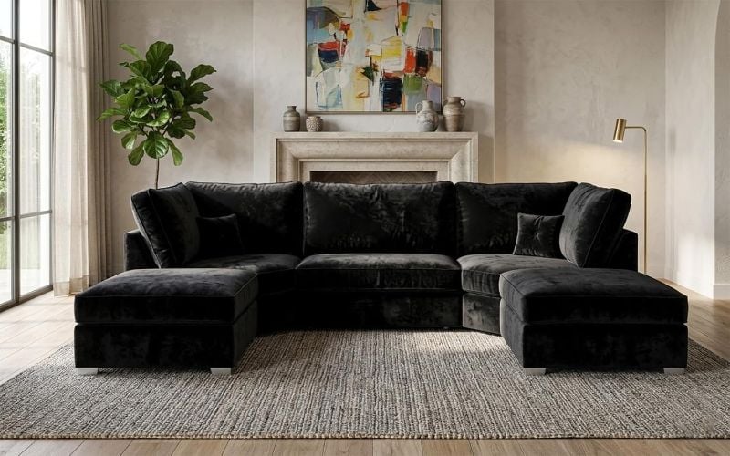 Bishop U Shape Modular Sofa 6/7 Seater Plush Velvet Black Couch Suite Set