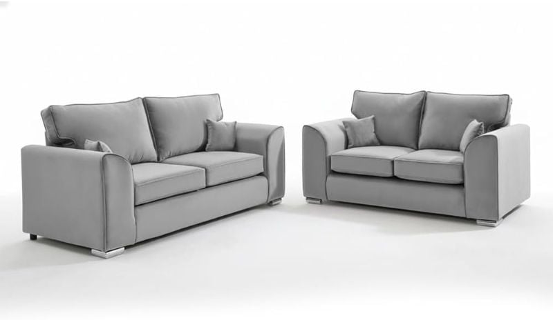 Plush Velvet 3+2 Settee Sofa Sets - Dylann 2 Seater & 3 Seater - Silver, High Back - Modern Seaters Suite