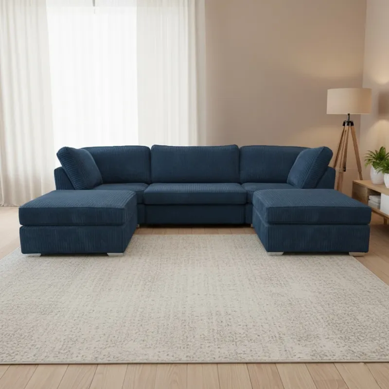 Modern U Shape Sofa – Jumbo Cord Corner Full Back Couch Foot Stool Large Suite Blue