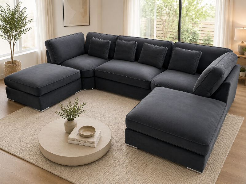 Bishop U Shape Modular Sofa – 6 & 7 Seater Plush Velvet Corner Couch Dark Grey Luxury Modern Living Room Sofa