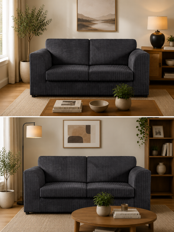 3/2 Seated Sofa Set Jumbo Cord Black 3 2 Seater Couch & Footstool