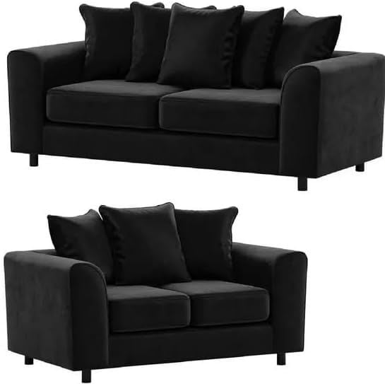 Plush Velvet 3 + 2 Seater Sofa Suite Set Black Scatter Cushions Modern Design