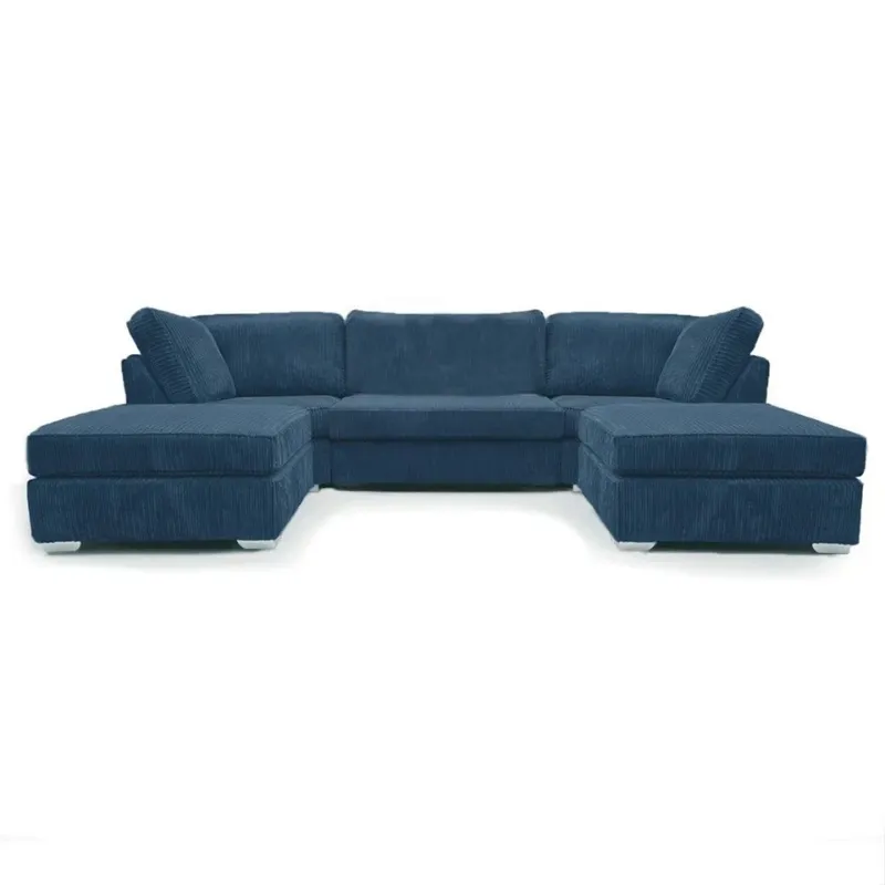 Modern U Shape Sofa – Jumbo Cord Corner Full Back Couch Foot Stool Large Suite Blue