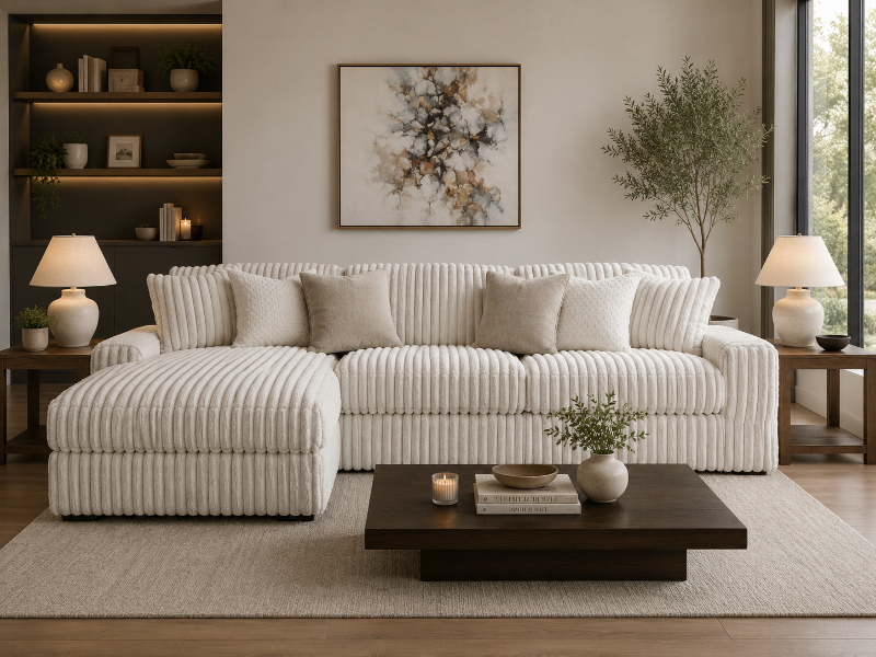 Midnight Madness Stupendous L-Shape Open Chaise Sofa Cream Modern Corner Lounge Couch
