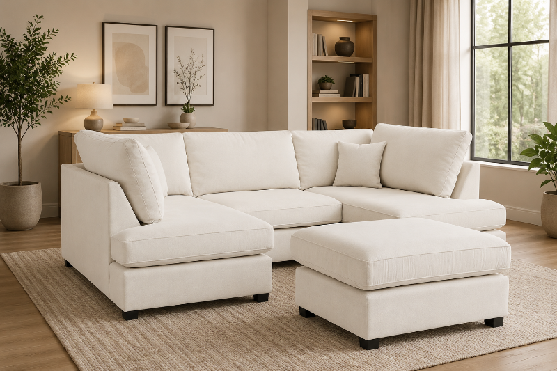 Mini U-Shape Cinema Cream High-Back Modular 5–6 Seater Sofa