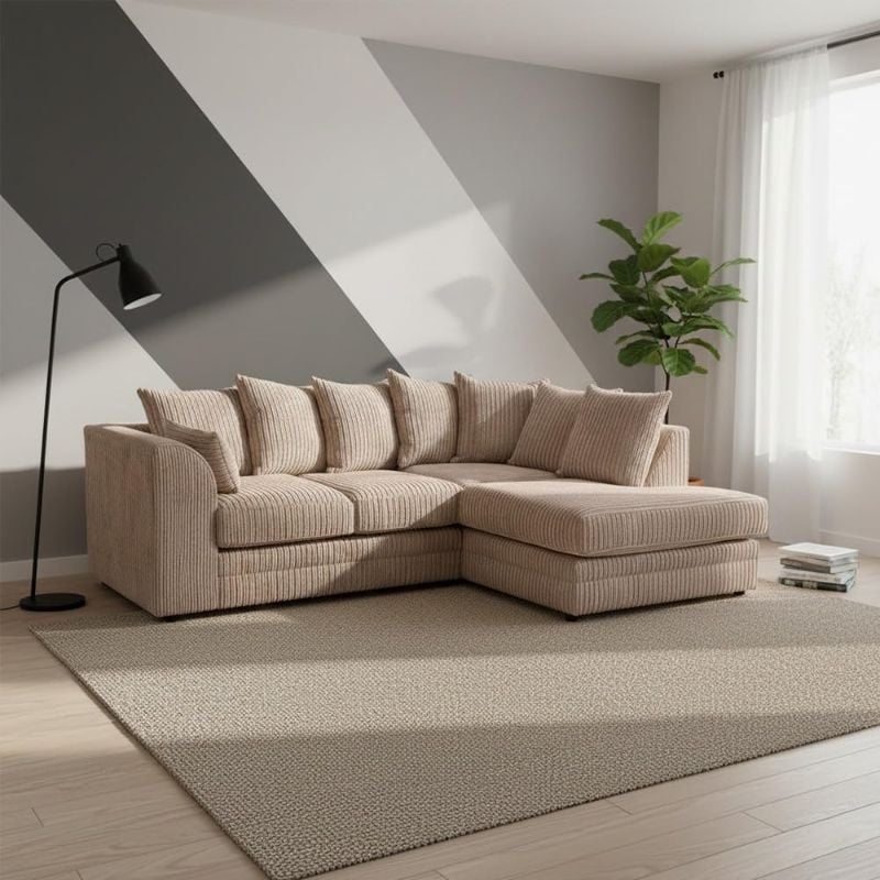 Jumbo Cord Corner L-Shape Sofa 4 Seater Soft Fabric Left/Right Hand Couch Beige