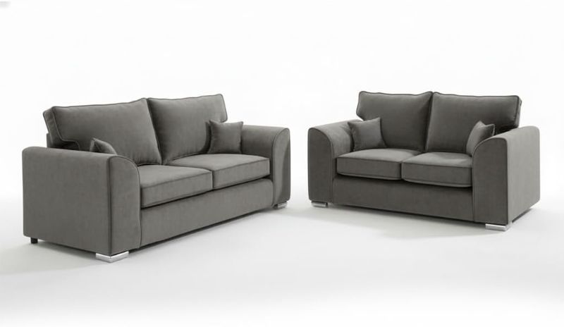 Plush Velvet 3+2 Settee Sofa Sets - Dylann 2 Seater & 3 Seater - Grey , High Back - Modern Seaters Suite