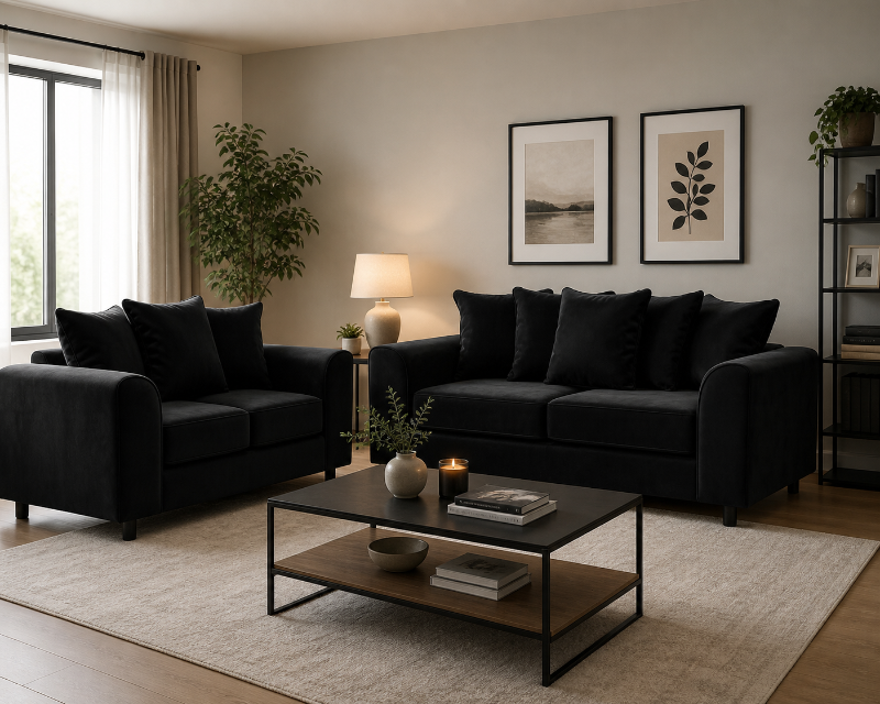 Plush Velvet 3 + 2 Seater Sofa Suite Set Black Scatter Cushions Modern Design