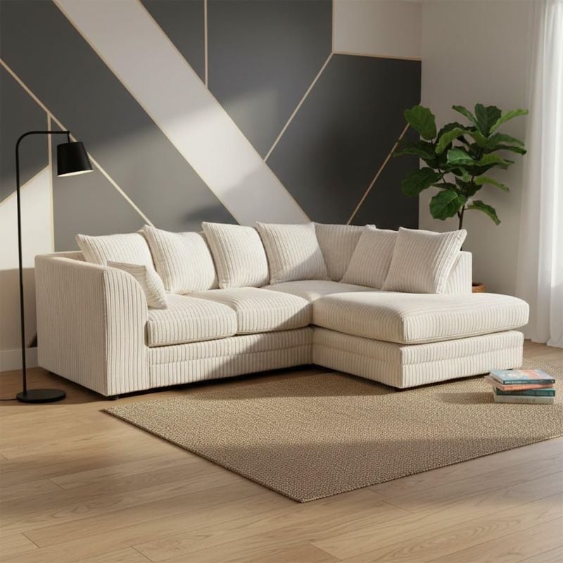Jumbo Cord Corner L-Shape Sofa 4 Seater Soft Fabric Left/Right Hand Couch Cream