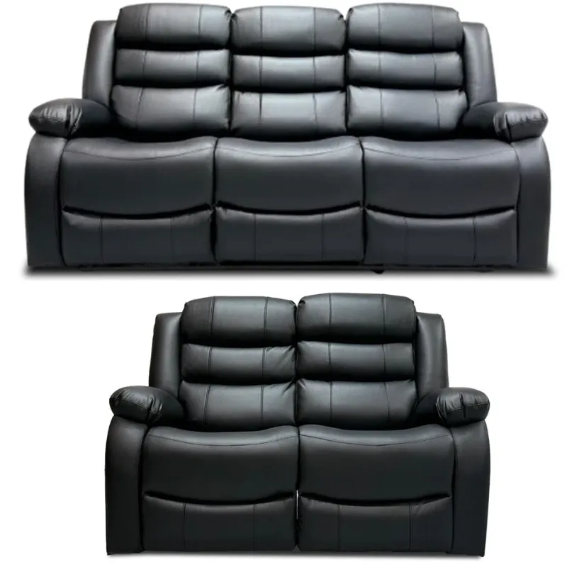 Roma Recliner Sofa Set 3+2 Seater Black Faux Leather Lounge Suite Couch
