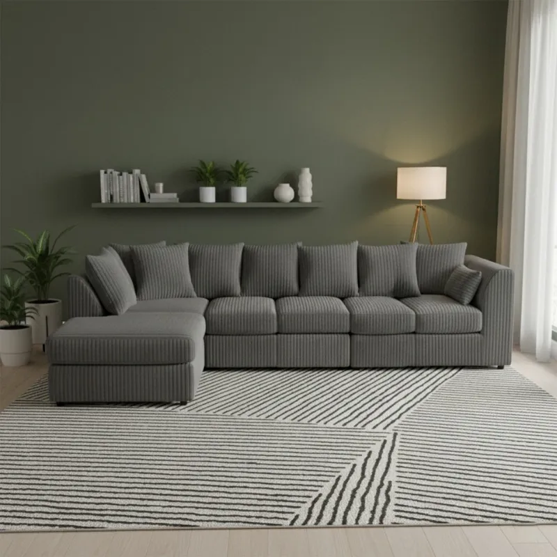 Jumbo Cord Sectional L shape 6 Seater Sofa Set Soft Fabric Grey Sofa