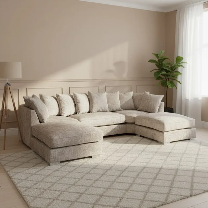 Luxury Bishop U-Shape Sofa Alaska Chenille Fabric Modular 6,7 Seater Couch Beige