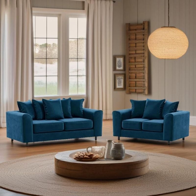 Plush Velvet 3 + 2 Seater Sofa Suite Set Blue Scatter Cushions Modern Design