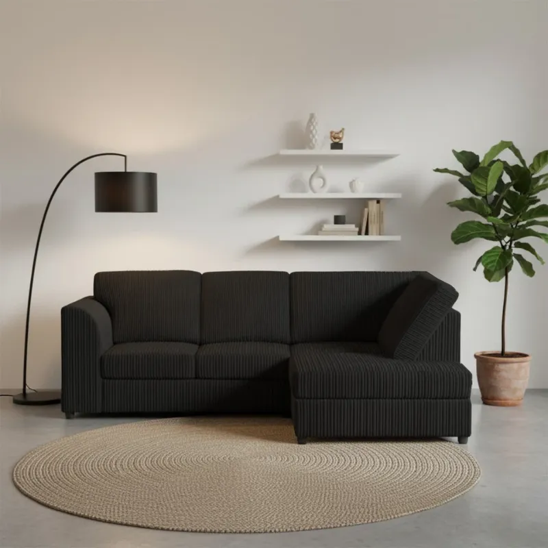 Corner 4 Seater Left Right Modern Jumbo Cord Full Back L shape Sofa Black