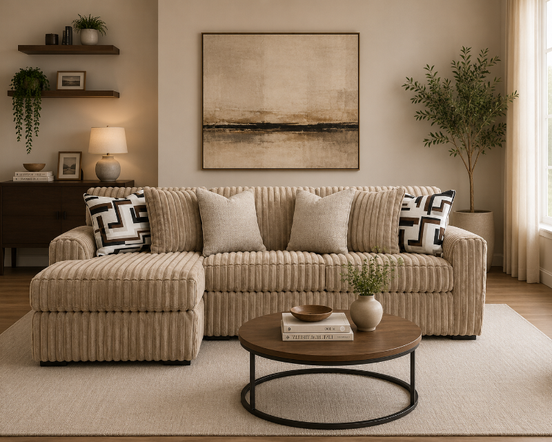 Midnight Madness Stupendous L-Shape Open Chaise Sofa Beige Modern Corner Lounge Couch