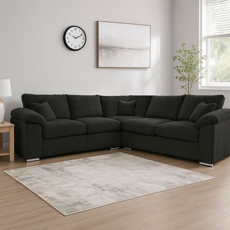 Amalfi/Delta Corner 5-Seater Jumbo Cord Sofa – Modern Living Room Couch Black ✨
