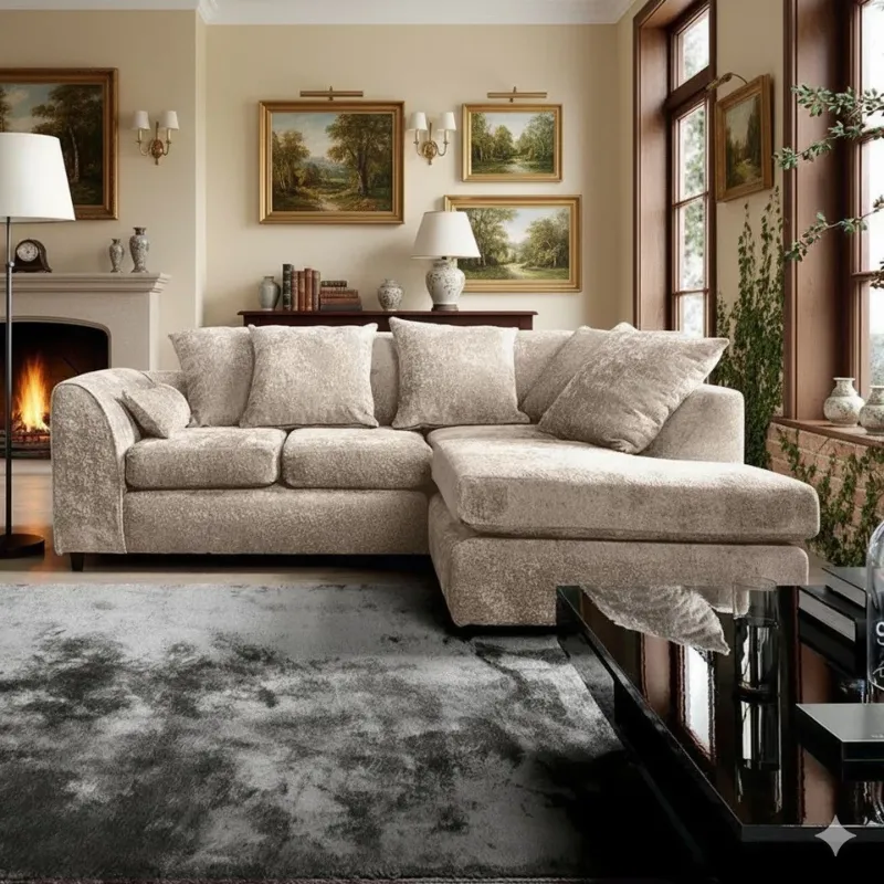 Corner L shape 4 Seater Sofa Beige Chenille Alaska Couch