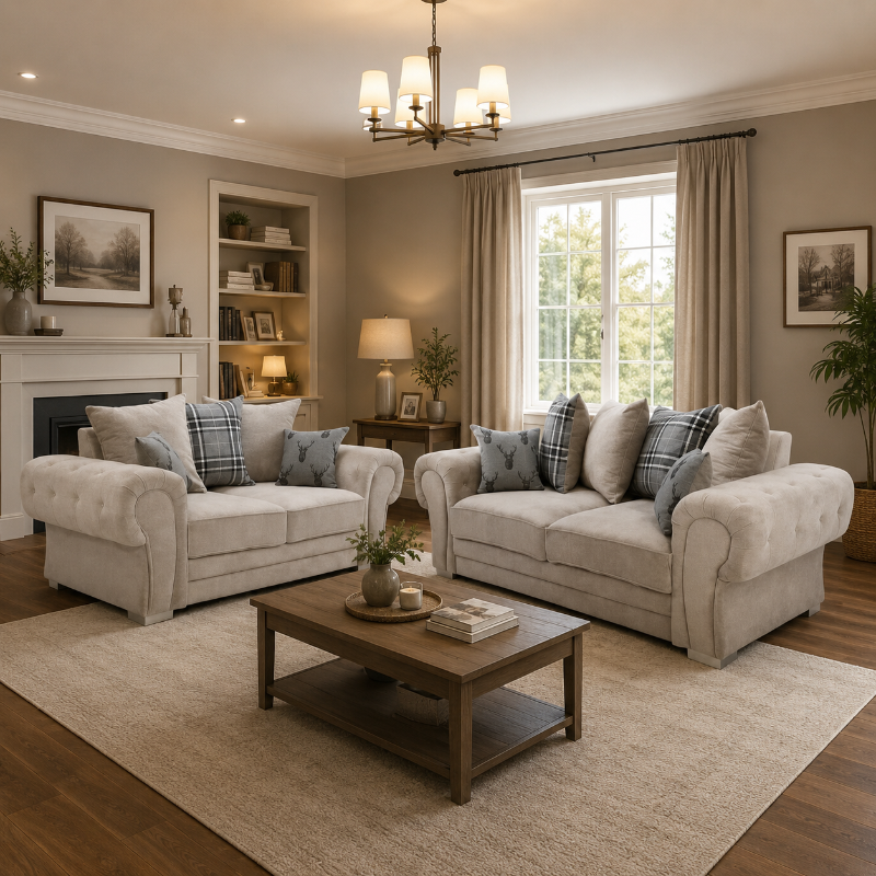 Verona Chesterfield 3+2 Seater Sofa Set Beige 3 Settee & 2 Settee Couch