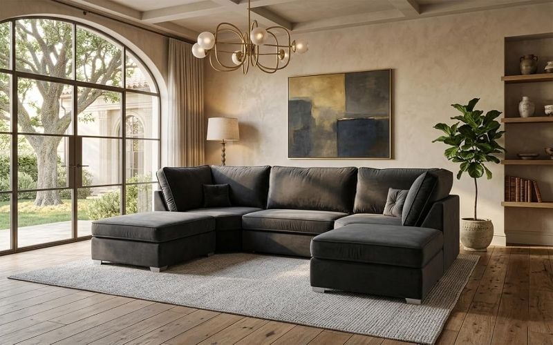 Bishop U Shape Modular Sofa 6/7 Seater Plush Velvet Grey Couch Suite Set