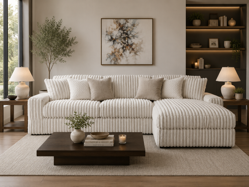 Midnight Madness Stupendous L-Shape Open Chaise Sofa Cream Modern Corner Lounge Couch